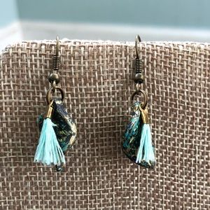 Petite aqua tassel and leaf bronze earrings!
